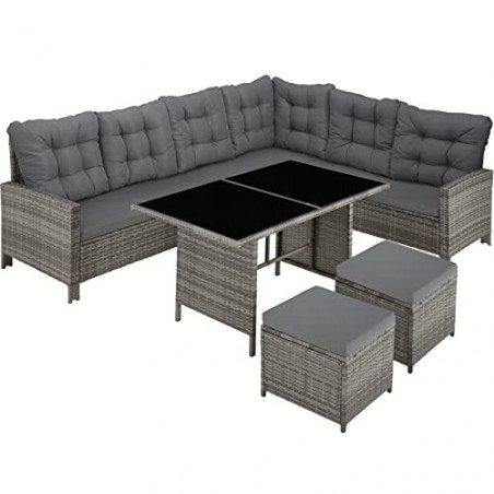 TecTake Polyrattan Lounge Set, Gartenmöbel Set mit Sofa, Hocker + Tisch, Balkon Möbel Outdoor, 5-teilige Sitzgruppe, inkl. Si