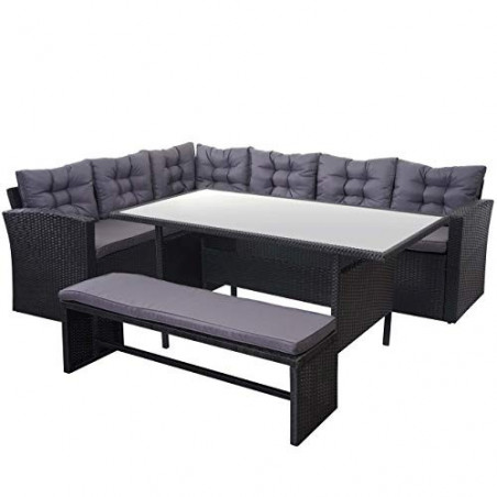 Mendler Poly-Rattan-Garnitur HWC-A29, Gartengarnitur Sitzgruppe Lounge-Esstisch-Set, mit Bank schwarz - Kissen dunkelgrau