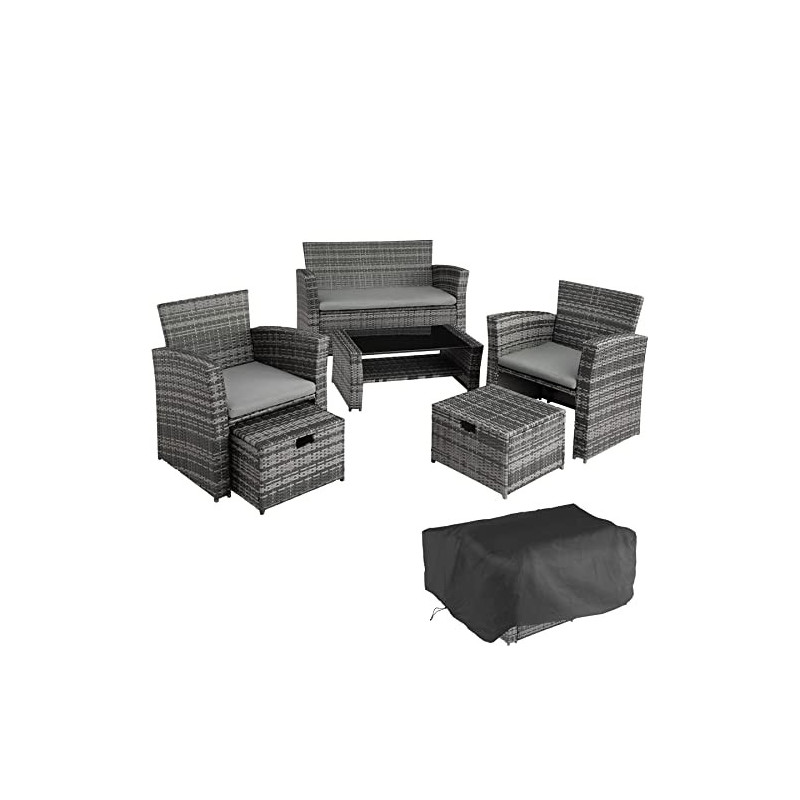 TecTake Polyrattan Garten Sitzgruppe für 4 Personen mit Hocker, Rattan Gartenmöbel Set mit eingebauter Auflagenbox in der Sit