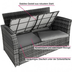 TecTake Polyrattan Garten Sitzgruppe für 4 Personen mit Hocker, Rattan Gartenmöbel Set mit eingebauter Auflagenbox in der Sit