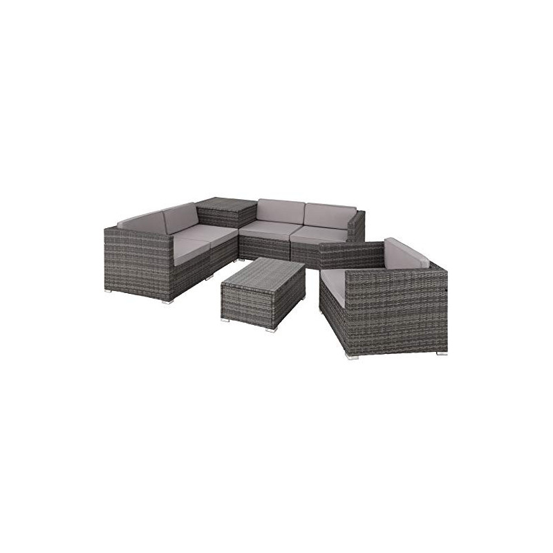 TecTake Polyrattan Sitzgruppe mit Aufbewahrungsbox für Polster, Tisch mit Glasplatte, frei zu gruppierendes Gartenmöbel Set, 