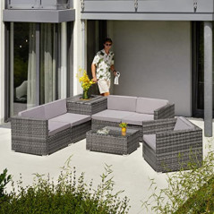 TecTake Polyrattan Sitzgruppe mit Aufbewahrungsbox für Polster, Tisch mit Glasplatte, frei zu gruppierendes Gartenmöbel Set, 