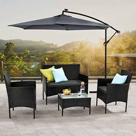 Juskys Polyrattan Sitzgruppe Fort Myers 4 Personen mit 2er Sofa, 2 Stühle, Tisch & Sitzkissen wetterfest schwarz/grau Balkonm