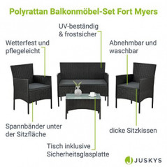 Juskys Polyrattan Sitzgruppe Fort Myers 4 Personen mit 2er Sofa, 2 Stühle, Tisch & Sitzkissen wetterfest schwarz/grau Balkonm