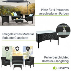 Juskys Polyrattan Sitzgruppe Fort Myers 4 Personen mit 2er Sofa, 2 Stühle, Tisch & Sitzkissen wetterfest schwarz/grau Balkonm