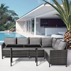 SVITA Madison & Monroe Polyrattan Ecksofa Rattan-Lounge Esstisch Gartenmöbel-Set Sofa Garnitur Couch-Eck  Madison, Grau 