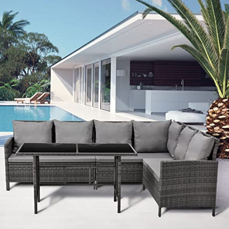 SVITA Madison & Monroe Polyrattan Ecksofa Rattan-Lounge Esstisch Gartenmöbel-Set Sofa Garnitur Couch-Eck  Madison, Grau 