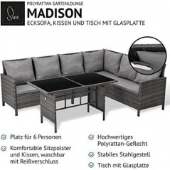 SVITA Madison & Monroe Polyrattan Ecksofa Rattan-Lounge Esstisch Gartenmöbel-Set Sofa Garnitur Couch-Eck  Madison, Grau 