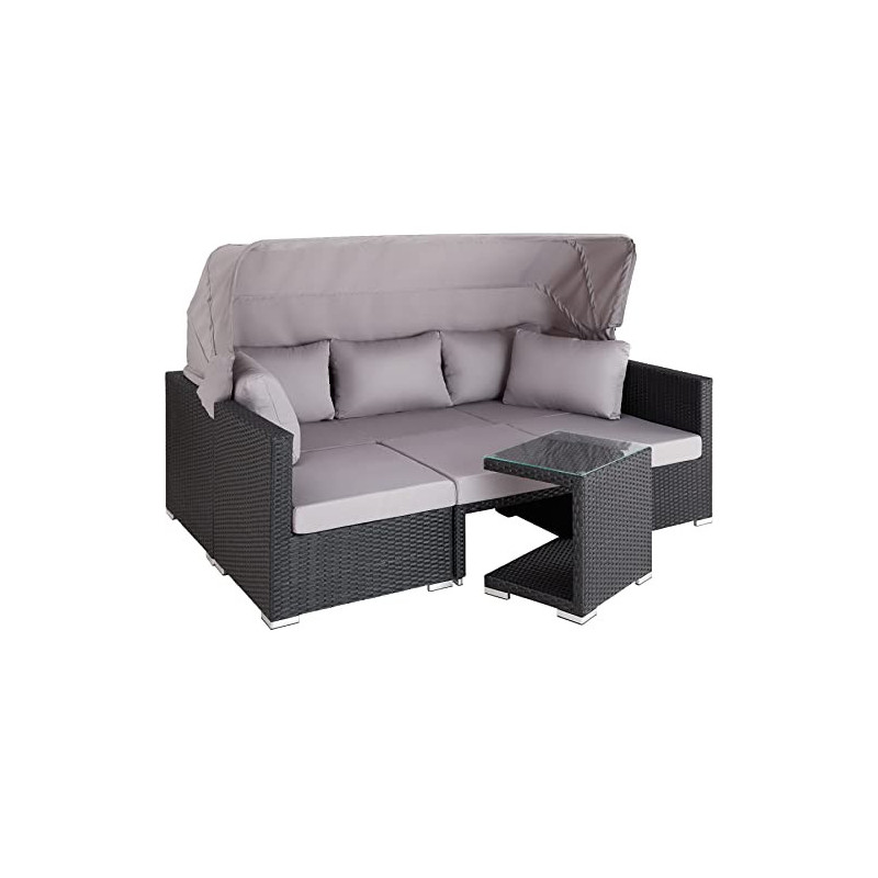 TecTake Rattan Sonneninsel Sitzgruppe, Lounge Möbel Set inkl. Sofa mit Sonnendach, Hocker, Sesseln und Tisch, Outdoor Gartenm