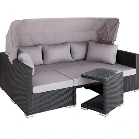 TecTake Rattan Sonneninsel Sitzgruppe, Lounge Möbel Set inkl. Sofa mit Sonnendach, Hocker, Sesseln und Tisch, Outdoor Gartenm