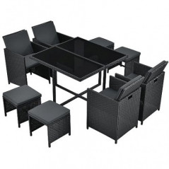 Juskys Polyrattan Sitzgruppe Baracoa L 9-teilig wetterfest, stapelbar - 4 Stühle, 4 Hocker, Tisch mit Glasplatte, Kissen - 8 