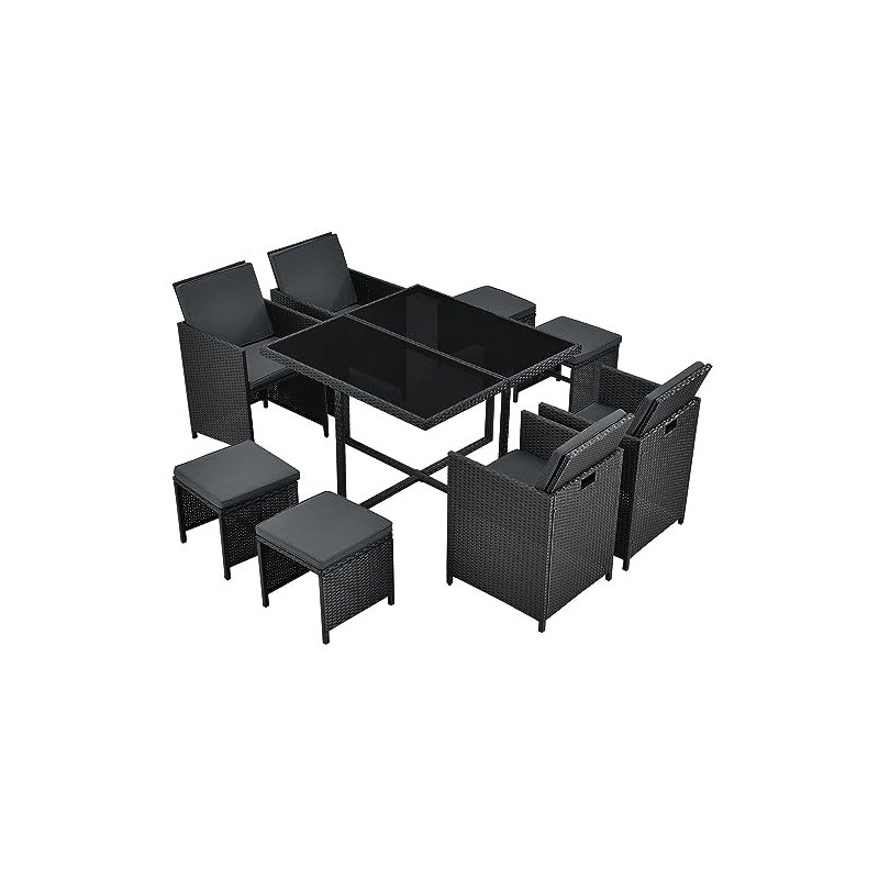 Juskys Polyrattan Sitzgruppe Baracoa L 9-teilig wetterfest, stapelbar - 4 Stühle, 4 Hocker, Tisch mit Glasplatte, Kissen - 8 Juskys Polyrattan Sitzgruppe Baracoa L 9-teilig wetterfest, stapelbar - 4 Stühle, 4 Hocker, Tisch mit Glasplatte, Kissen - 8