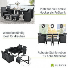 Juskys Polyrattan Sitzgruppe Baracoa L 9-teilig wetterfest, stapelbar - 4 Stühle, 4 Hocker, Tisch mit Glasplatte, Kissen - 8 