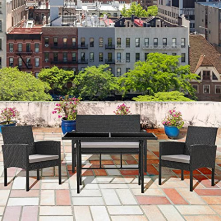 SVITA Brooklyn XL Rattan Garten Möbel Set Essgruppe mit Tisch, 2X Sessel, 2er Sofa Polyrattan Schwarz