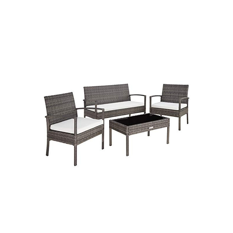 TecTake Poly Rattan Sitzgruppe, Gartenset mit 2 Stühlen, Bank + Tisch mit Glasplatte, Lounge Set für Garten, Terrasse und Bal