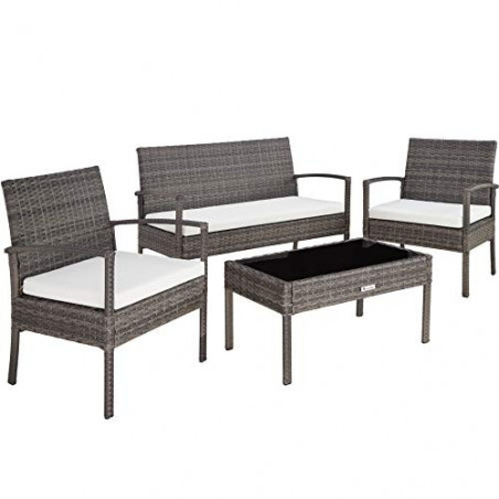 TecTake Poly Rattan Sitzgruppe, Gartenset mit 2 Stühlen, Bank + Tisch mit Glasplatte, Lounge Set für Garten, Terrasse und Bal