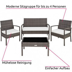 TecTake Poly Rattan Sitzgruppe, Gartenset mit 2 Stühlen, Bank + Tisch mit Glasplatte, Lounge Set für Garten, Terrasse und Bal