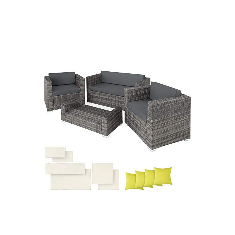 TecTake 800904 Poly Rattan Aluminium Lounge Set, Tisch mit Glasplatte, 2 Bezugsets und 4 Kissen, Sitzgruppe mit Couch, Sessel