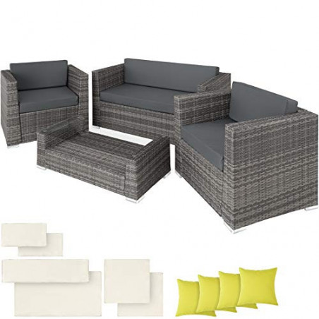 TecTake 800904 Poly Rattan Aluminium Lounge Set, Tisch mit Glasplatte, 2 Bezugsets und 4 Kissen, Sitzgruppe mit Couch, Sessel