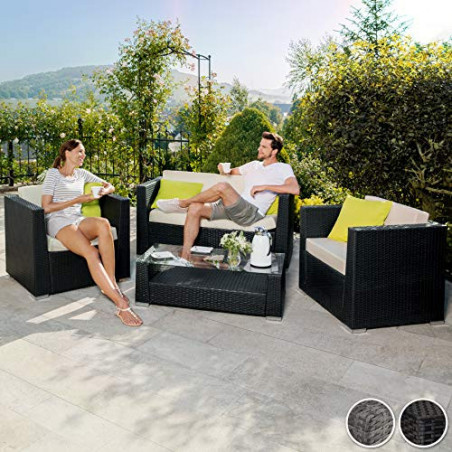 TecTake 800904 Poly Rattan Aluminium Lounge Set, Tisch mit Glasplatte, 2 Bezugsets und 4 Kissen, Sitzgruppe mit Couch, Sessel