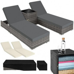 TecTake 2er Lounge Sonnenliegen Set Plus Tisch – inkl. 2 Bezugsets und Schutzhülle, Outdoor Poly Rattan Gartenmöbel Set, 2X G