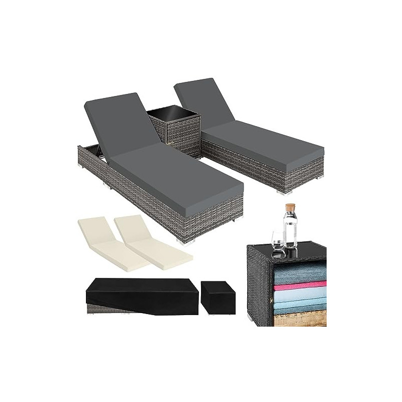 TecTake 2er Lounge Sonnenliegen Set Plus Tisch – inkl. 2 Bezugsets und Schutzhülle, Outdoor Poly Rattan Gartenmöbel Set, 2X G