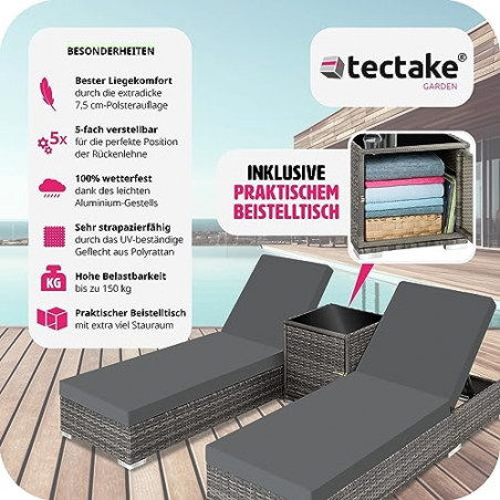 TecTake 2er Lounge Sonnenliegen Set Plus Tisch – inkl. 2 Bezugsets und Schutzhülle, Outdoor Poly Rattan Gartenmöbel Set, 2X G