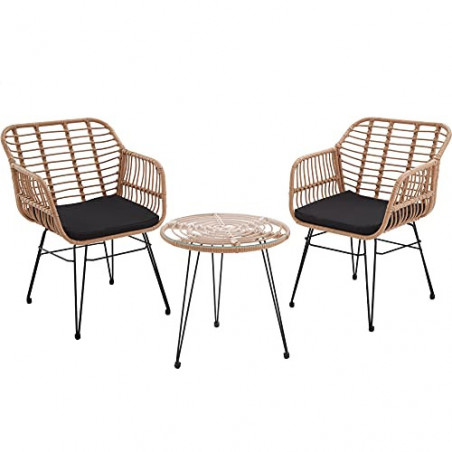 TecTake 800802 Rattan Sitzgruppe für 2 Personen, 3-TLG. Bistroset, Balkonset mit 2 Stühlen + Tisch, kleine Lounge für Garten 