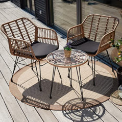 TecTake 800802 Rattan Sitzgruppe für 2 Personen, 3-TLG. Bistroset, Balkonset mit 2 Stühlen + Tisch, kleine Lounge für Garten 