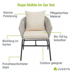 Juskys Rope Gartenstühle 2er Set wetterfest - bis 160 kg belastbar - Sitz- & Rückenkissen aus Polyester - 2 Stühle aus Stahl 