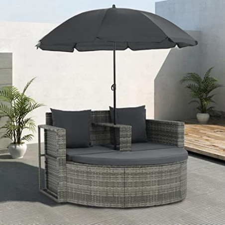 vidaXL Gartenlounge mit Sonnenschirm Poly Rattan Lounge Garnitur Gartenmöbel
