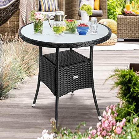 Casaria Polyrattan Gartentisch 60cm Rund 5mm Sicherheitsglas Höhenverstellbar 80kg Belastbarkeit Wetterfest Terrasse Balkon B