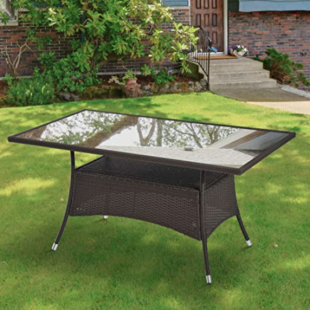 Outsunny Gartentisch Glastisch Esstisch Gartenmöbel Tisch, Polyrattan+Sicherheitsglas, Braun, 150x85x74cm