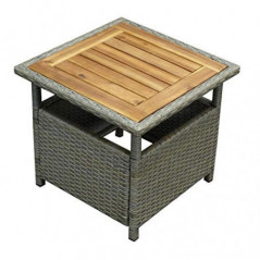 DEGAMO Beistelltisch Gartentisch Trento 45x45cm, Gestell Stahl + Polyrattan grau beige, Tischplatte Akazie braun geölt, Indoo