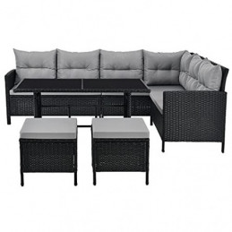 Juskys Polyrattan Lounge Manacor mit Ecksofa, Esstisch, 2 Hocker & Kissen - wetterfest bis 7 Personen - Bezüge waschbar - Rat