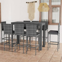 WOODEY Home Furniture 9-teiliges Bar-Set für den Außenbereich, mit anthrazitfarbenen Kissen, Polyrattan