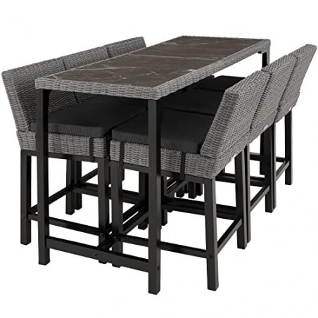 TecTake Alu Rattan Bartisch mit Barhocker Set, Outdoor Barset mit Stehtisch und Barstuhl + Polster, 7-teiliges Gartenbar Set,