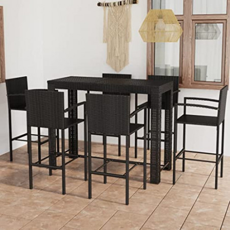 WOODEY Home Furniture 7-teiliges Bar-Set für den Außenbereich, mit Armlehne, Polyrattan, Schwarz