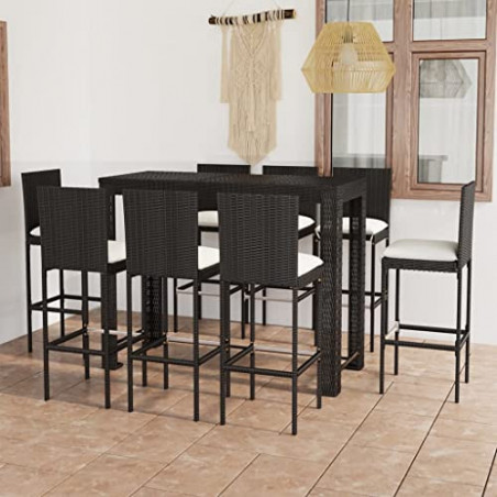 WOODEY Home Furniture 9-teiliges Bar-Set für den Außenbereich, mit cremefarbenen Kissen, Polyrattan