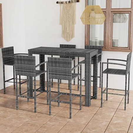 WOODEY Home Furniture Bar-Set für den Außenbereich, 7-teilig, mit Armlehne, Polyrattan, Grau