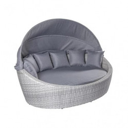 Strandkorbwerk Liegeinsel Nizza oval White-Grey Sonnenliege Polyrattan Lounge Muschel Baldachin