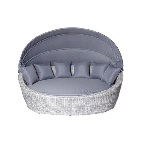 Strandkorbwerk Liegeinsel Nizza oval White-Grey Sonnenliege Polyrattan Lounge Muschel Baldachin