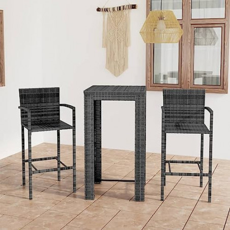 WOODEY Home Furniture 3-teiliges Bar-Set für den Außenbereich, mit Armlehne, Polyrattan, Grau