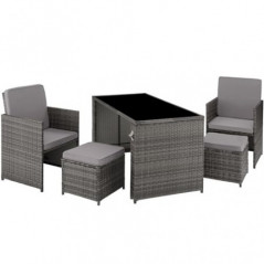 TecTake Poly Rattan Sitzgruppe, 5- teiliges Lounge Gartenmöbel Set mit Tisch, Sessel & Hocker, Essgruppe für bis zu 4 Persone