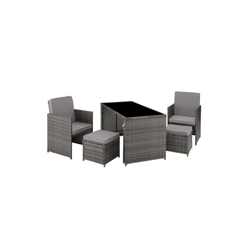 TecTake Poly Rattan Sitzgruppe, 5- teiliges Lounge Gartenmöbel Set mit Tisch, Sessel & Hocker, Essgruppe für bis zu 4 Persone