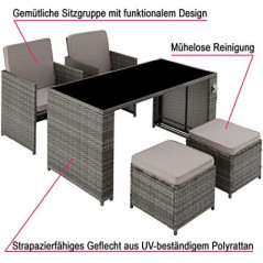 TecTake Poly Rattan Sitzgruppe, 5- teiliges Lounge Gartenmöbel Set mit Tisch, Sessel & Hocker, Essgruppe für bis zu 4 Persone