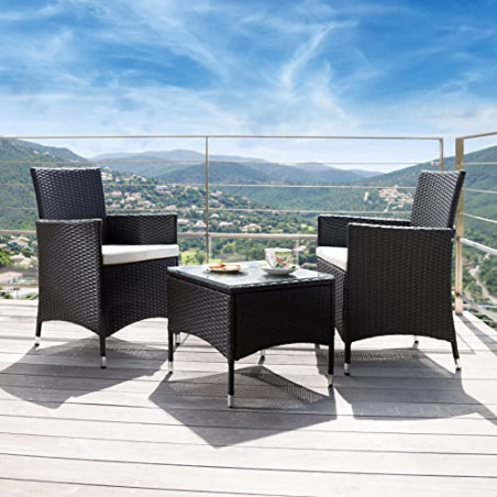 TecTake 800566 Poly Rattan Gartenset | 2 Stühle und Kleiner Tisch mit Glasplatte | Robustes Gestell aus Stahl - Diverse Farbe