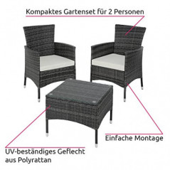 TecTake 800566 Poly Rattan Gartenset | 2 Stühle und Kleiner Tisch mit Glasplatte | Robustes Gestell aus Stahl - Diverse Farbe