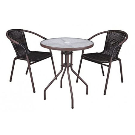 Nexos Trading Bistroset Balkonset Rattanset – Sitzgarnitur aus Glastisch & Bistrostuhl – Stahlgestell Poly-Rattan Glasplatte 