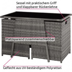 TecTake 800682 Polyrattan Sitzgruppe für 2 Personen, zusammenschiebbar, 2 Stühle & 1 Tisch mit Glasplatte, inkl. Sitz- und Rü